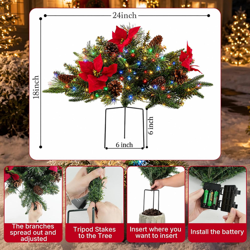 Christmas Tree Urn Filler, Battery Operated with Timer, Pre-lit Dual-Color Changing LED Lights, 2 Pack 24 Inch