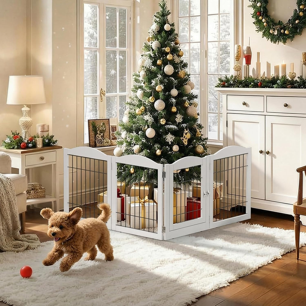 Freestanding Dog Gate, 24" H Pet Gate with 4 Panel Walk Through Door, Foldable Dog Safety Fence for Stairs Doorways