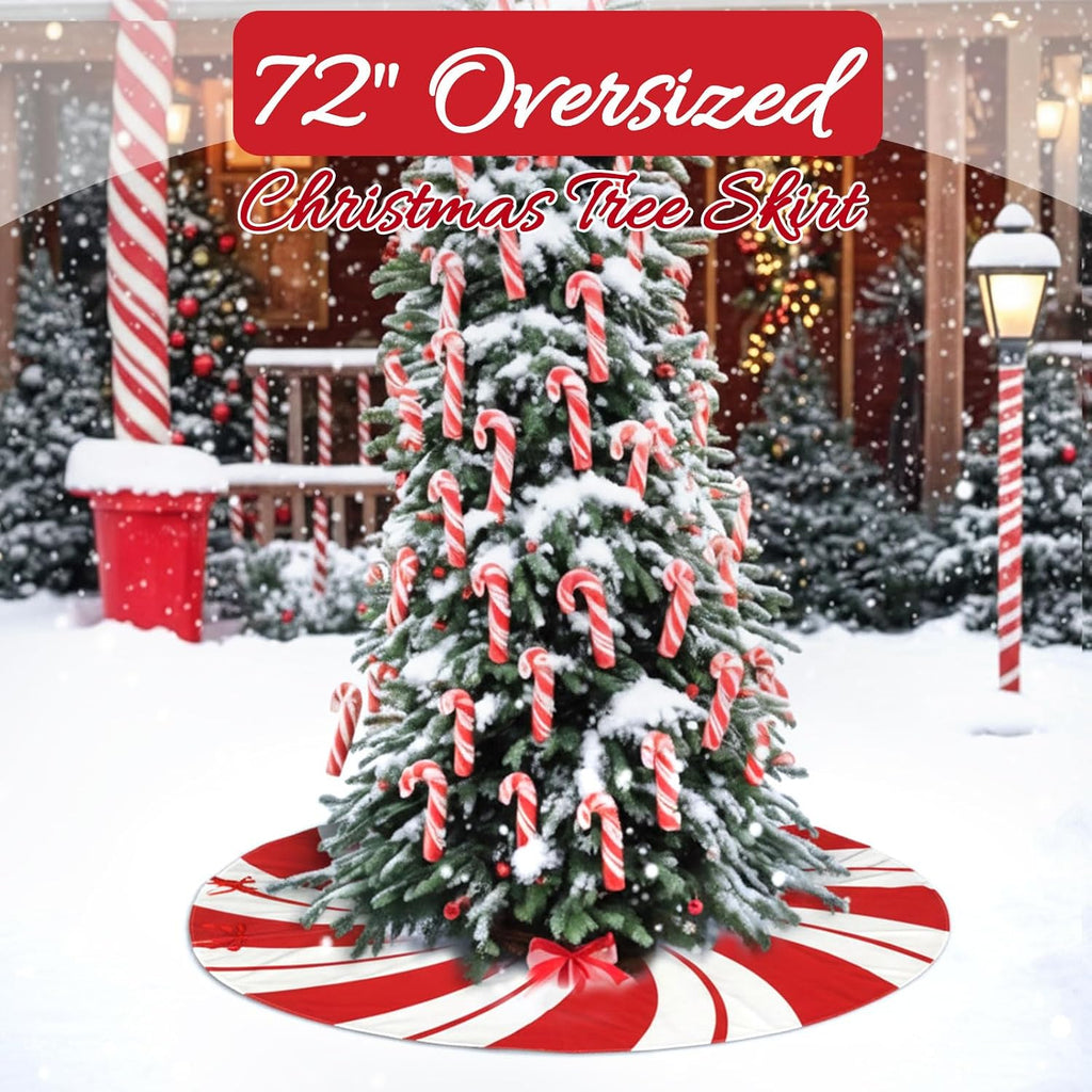 72 Inches Large Red Swirl Christmas Tree Skirt Sweet Candy Cane Christmas Tree Skirt Red and White Ornaments for