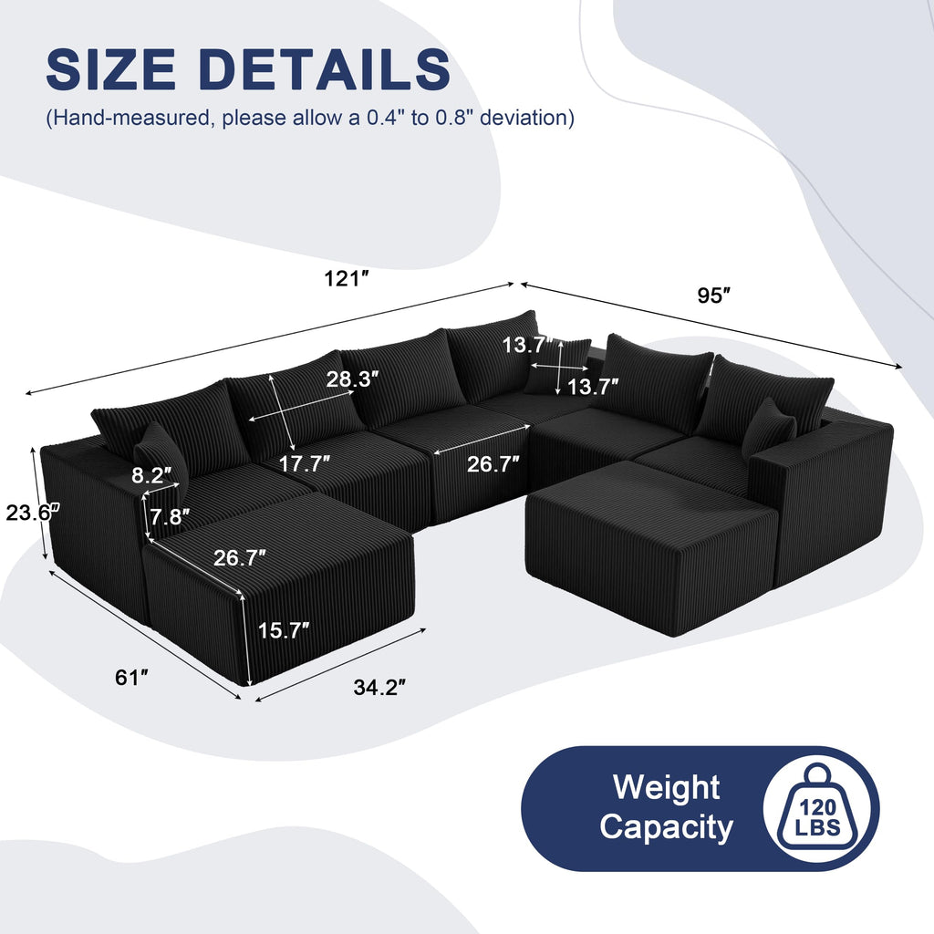 121" Boneless Couch, U Shaped Sofa, Sectional Couches