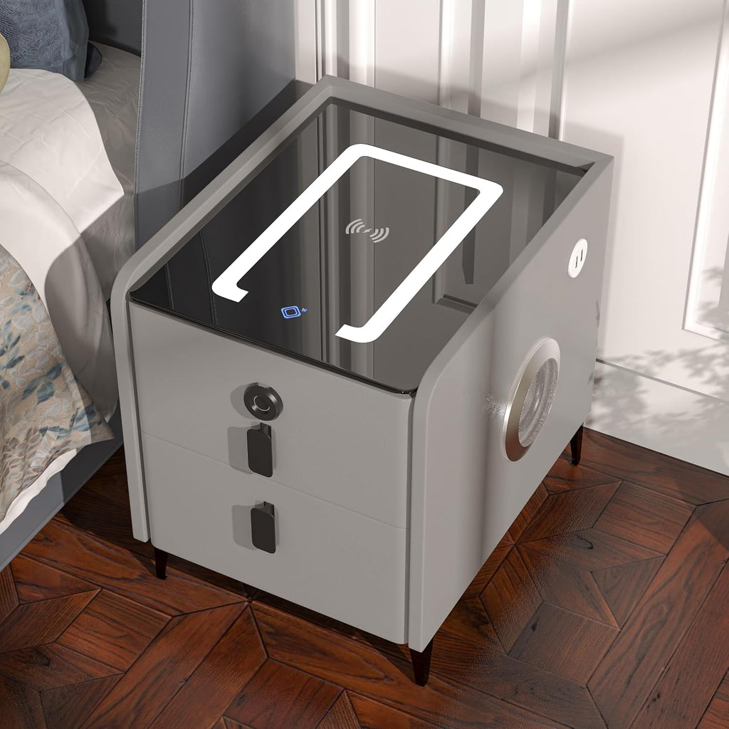 Grey Night Stand with Wireless Charging Station, Nightstand with 2 Drawers, Smart Bedside Table with 3 Lighting and