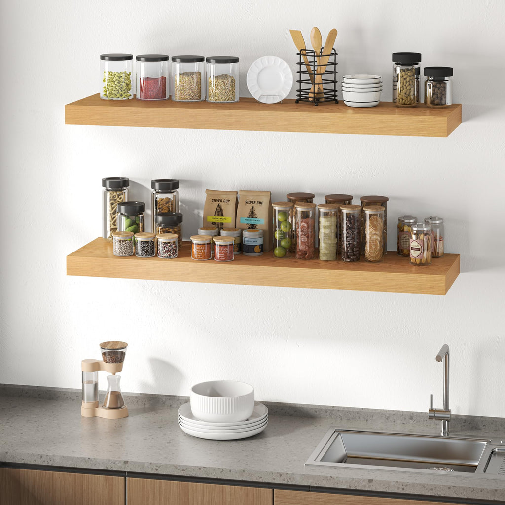 48" Floating Shelves for Wall, 12" Deep Thicker Oak Floating Shelves, Wall-Mounted Shelves - Set of 2