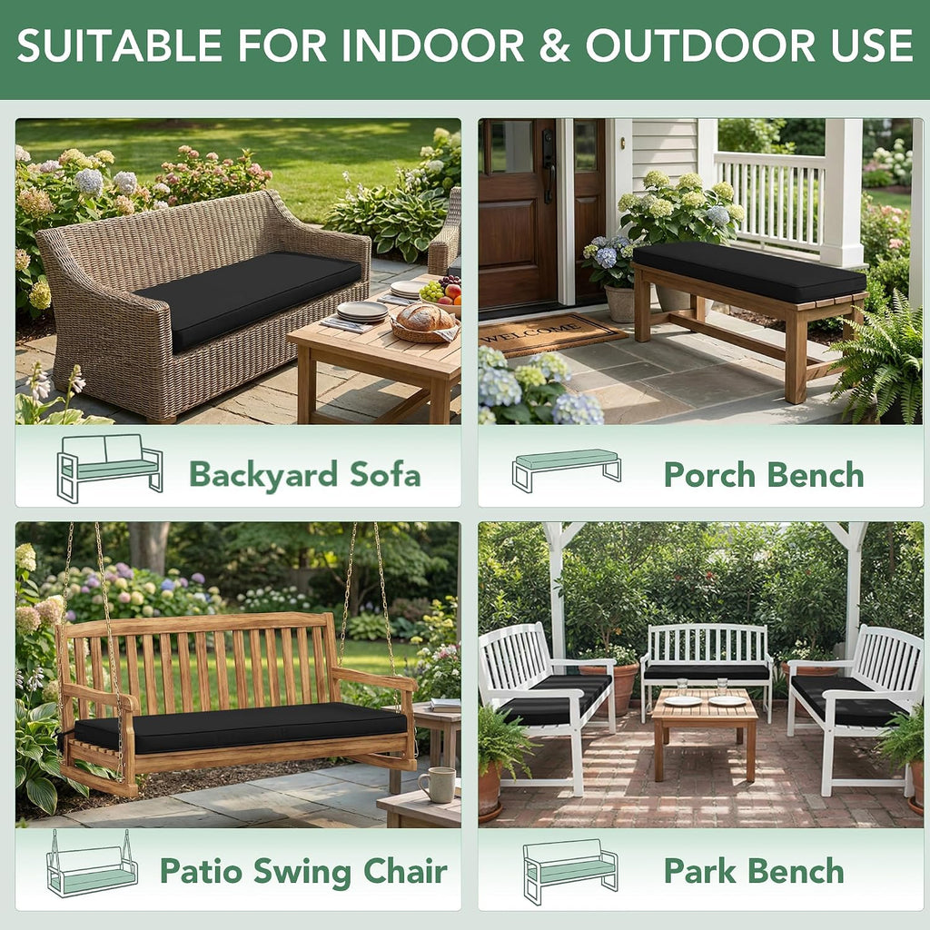 Outdoor Bench Cushion Pad, 48 x 18 x 3 Inch, Black | High-Resilience Foam, Water Resistant, Removable Cover, Hidden