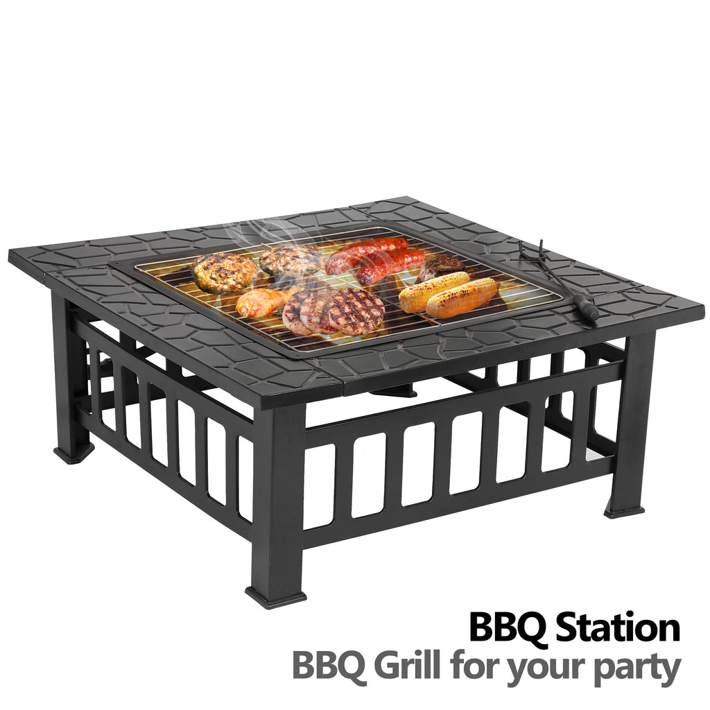 32" Heavy Duty Square Fire Pit Outdoor Metal Firepit Wood Burning Fireplace w/Waterproof Dust Cover Patio Backyard