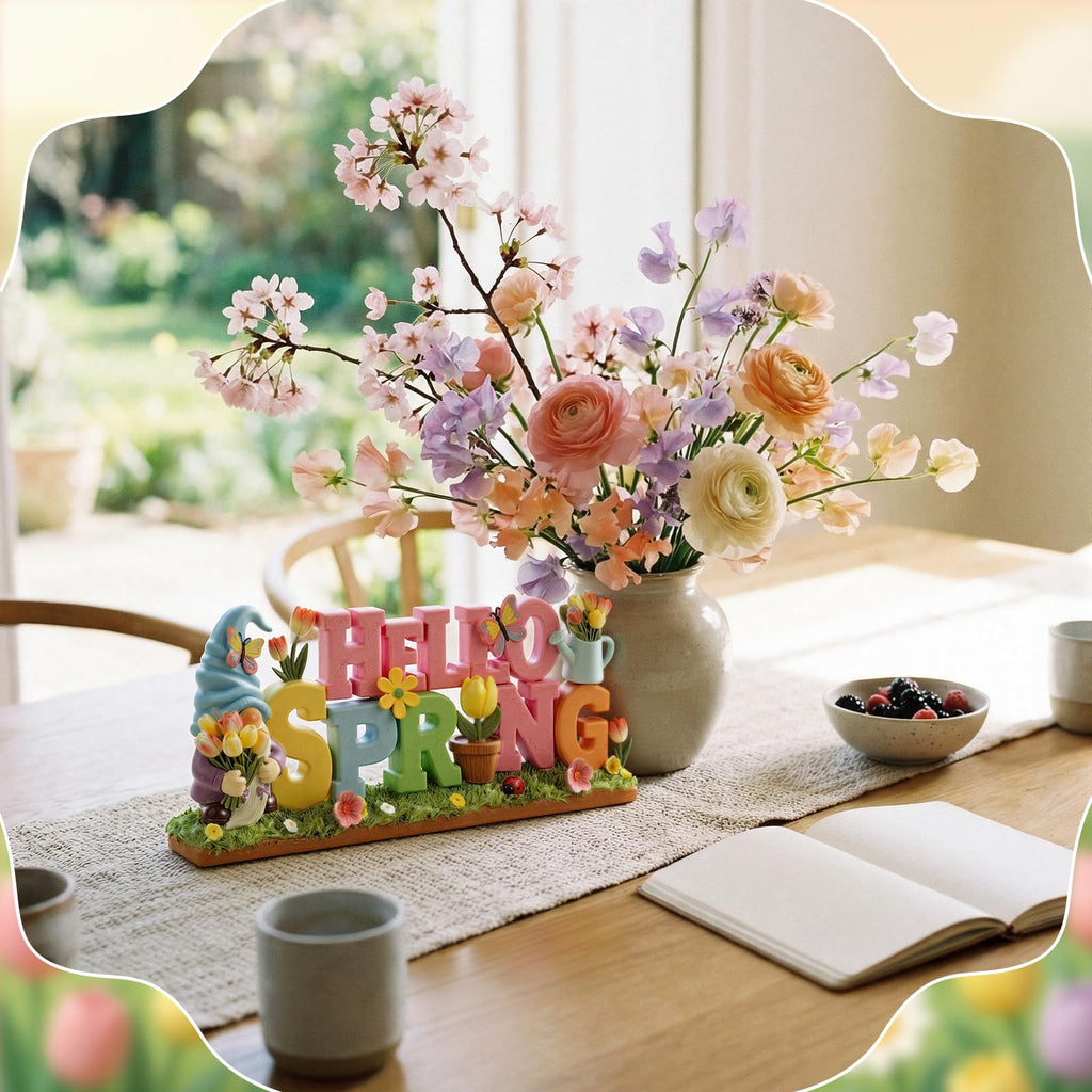 1 Pack Hello Spring Table Decoration Resin Spring Gnome Decorations Pastel Flower Table Sign Festive Floral Statue