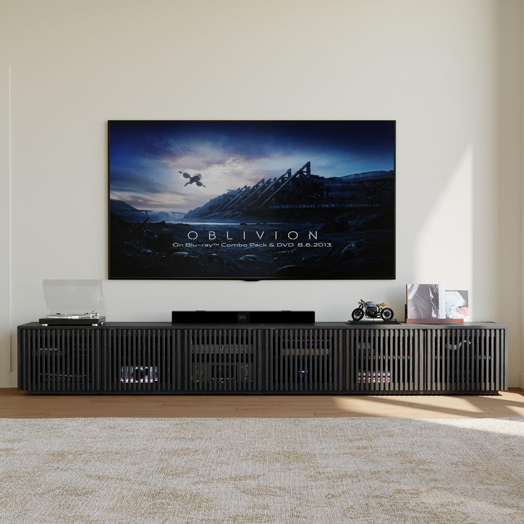 Full Assembled Mid Century Modern TV Stand, 118" Extra-Large Entertainment Center for 100 inch TV, Wood Slatted TV