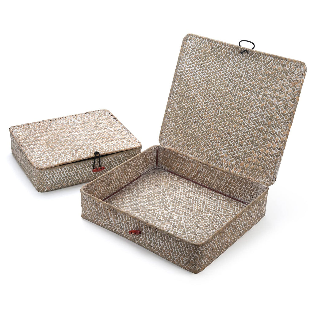 Whitewash Seagrass Basket with Lid for Storage Set of 2 Rectangular