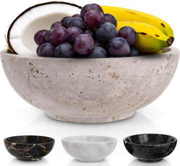 8" Decorative Travertine Bowl for Coffee Table - Elegant Centerpiece, Aesthetic Fruit Bowl Counter - Heavy Stone