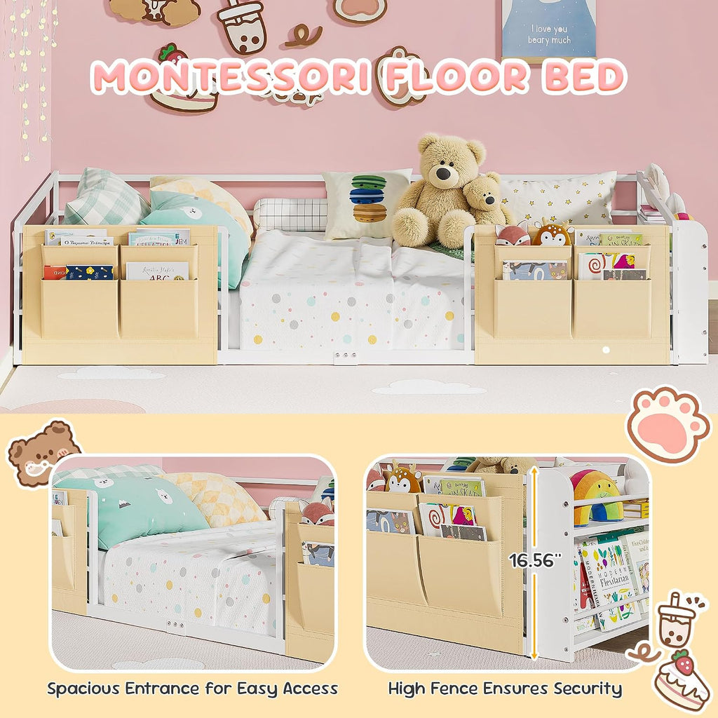 Montessori Floor Bed for Kids with 2-Tier Bookcase and Caddy