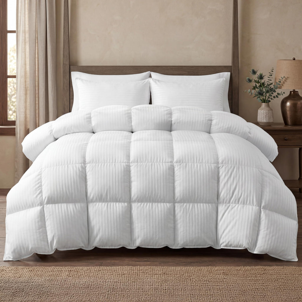 Premium Hotel Quality 100% Egyptian Cotton, 3-Piece Stripe Down Alternative Cotton Comforter Set - Box Stitched