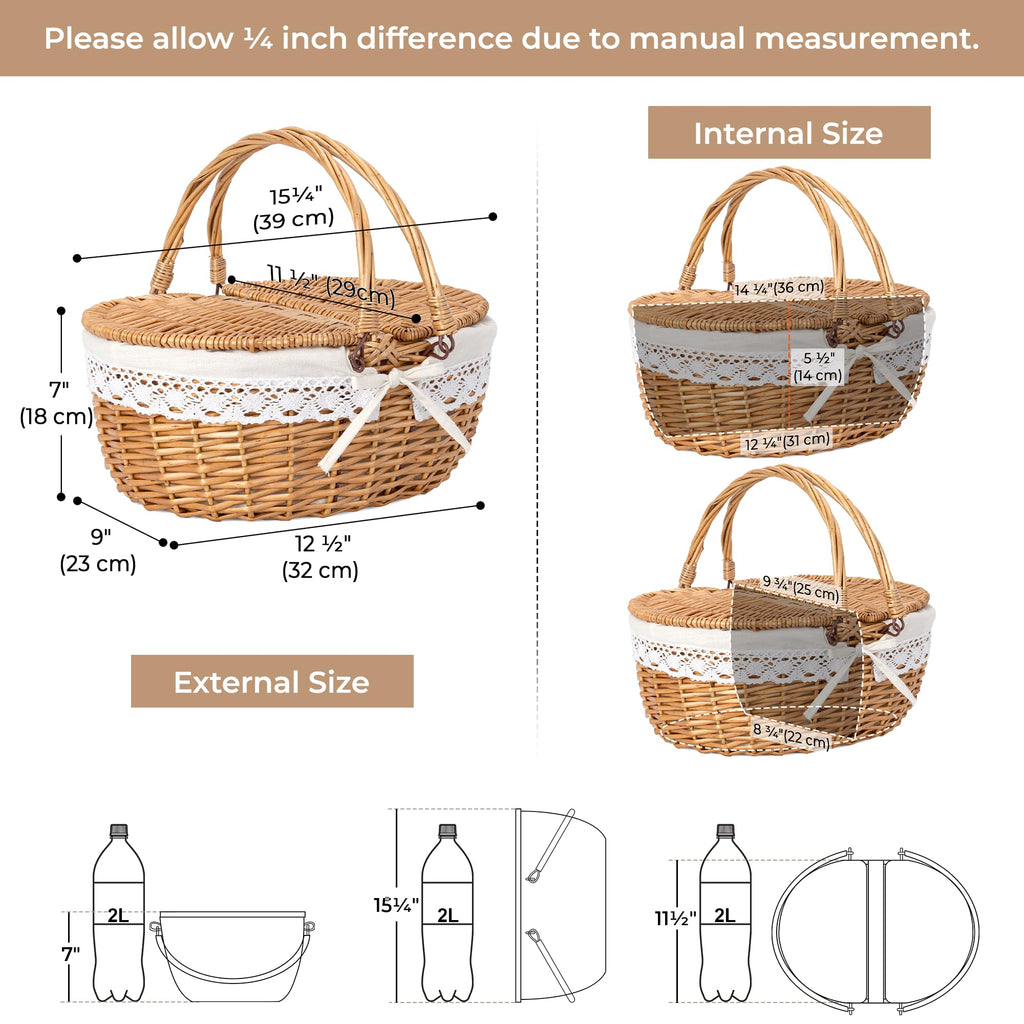Vintage Picnic Basket with Lid, Woven Cute Basket with Handle