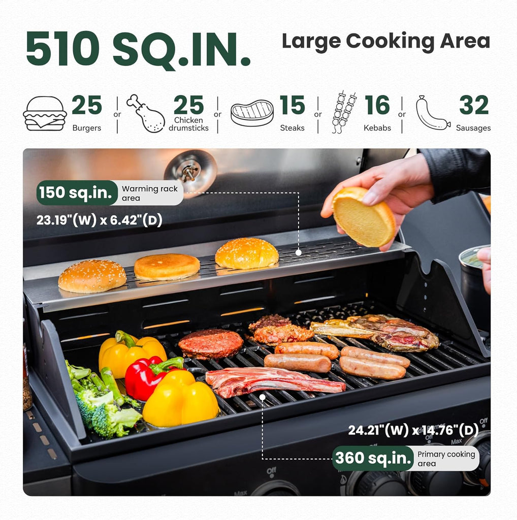 2-in-1 Propane Gas Grill with Side Burner, 4-Burner Flat Top Grill, 46,700 BTU Outdoor BBQ Propane Griddle for Patio, Backyard, and Camping