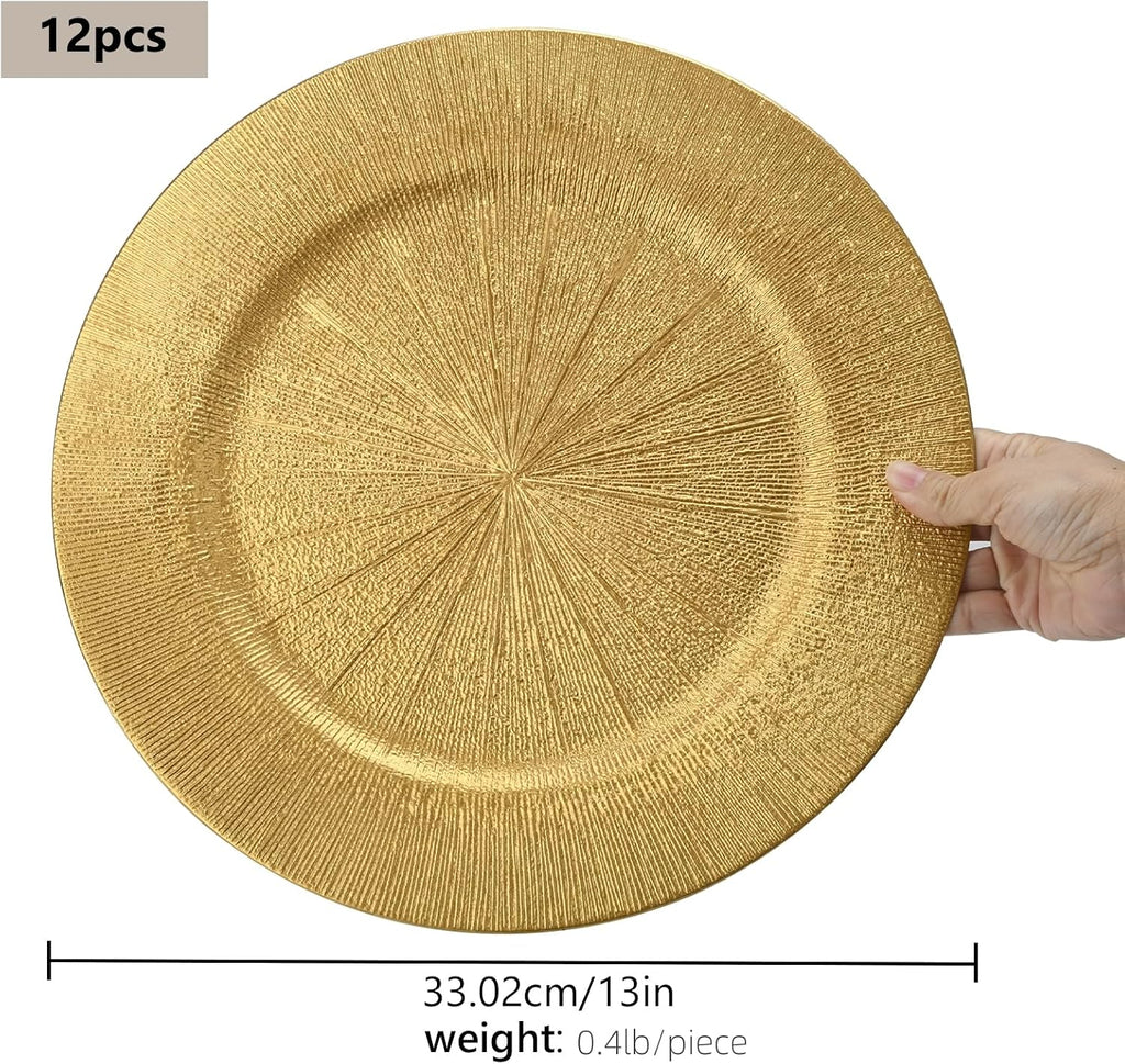 Inch Gold Charger Plates, Round Reef Pattern, Plastic, for Dinner Plates, Wedding Decor, Table Setting - Set of 12