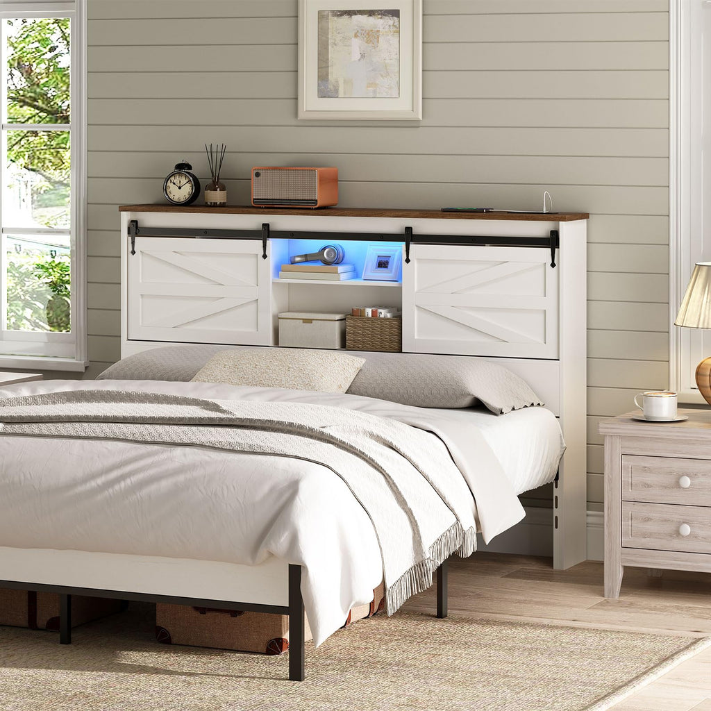 Queen Headboard with Storage Shelf, Farmhouse Queen Headboard Only with Charging Station & LED Lights, Bookcase