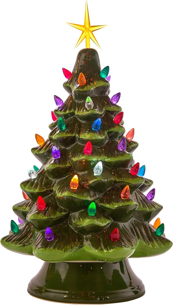 Classic Ceramic Christmas Tree - 15.5" Vintage Green Tree with Separate Base, Multi-Color Lights, Power Cord, Bulb