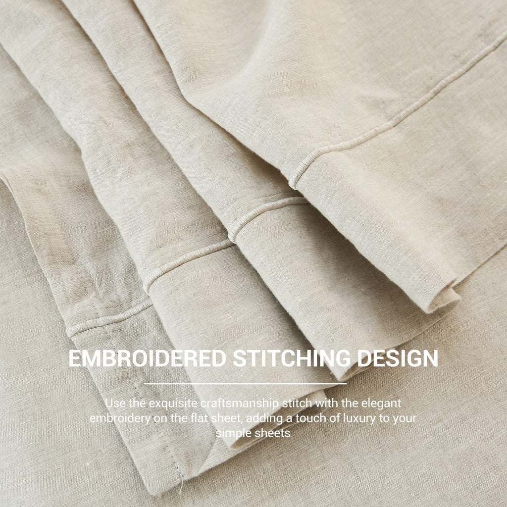French Linen Flat Sheet with Embroidered Border-100% Stone Washed Flax Bedding, (108''x102'') Ultra