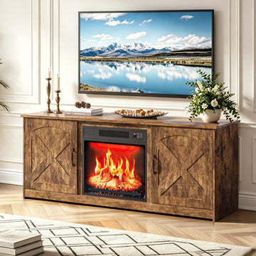 TV Stand with Fireplace and Barn Door for TVs up to 65", Brown