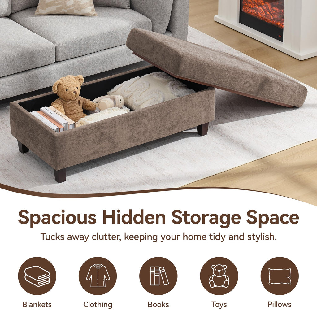 45 Inch Large Storage Ottoman Bench with Wooden Tray Coffee Table, Brown Chenille Upholstered Foot Rest