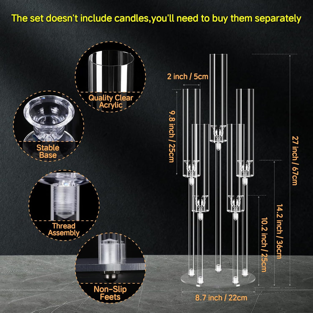 Clear 5 Arms Candlesticks Holder with Acrylic Shade,26'' Tall Acrylic Candelabra Centerpieces for Candlelight Dinner
