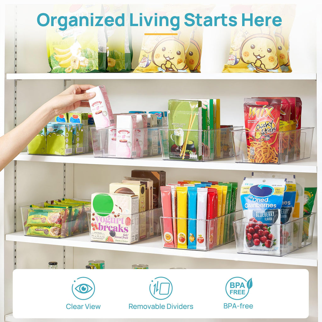 4 Pack Food Storage Organizer Bins, Clear Plastic, 4 Compartments
