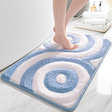 Blue and White Bathroom Rug Modern Geometric Bath Mat 18" x 26"