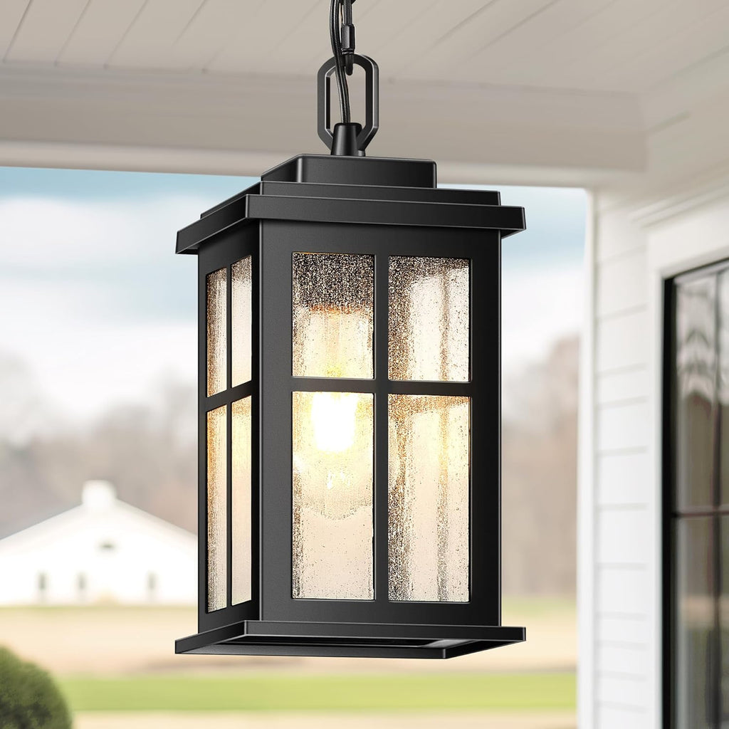 Outdoor Pendant Lights for Porch, Matte Black Outdoor Hanging Lights with Adjustable Chain