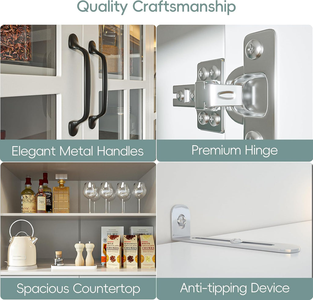 MU Kitchen Storage Cabinet with Glass Doors, Large China Hutch with 2 Drawers & 5 Adjustable Shelves, Kitchen Pantry
