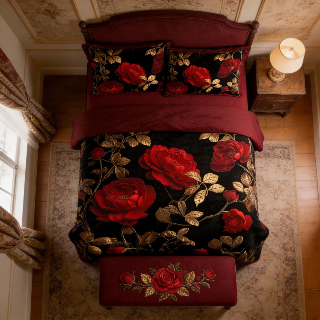 Black Red Rose Comforter Set King, 3Pcs Gothic Floral Bedding