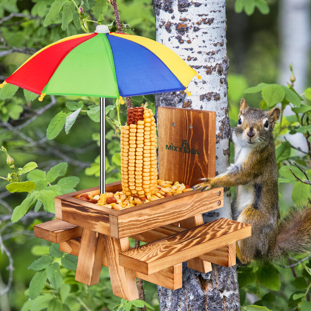 Squirrel Feeder Picnic Table with Tall Umbrella Set of 2, Wooden Squirrel Feeders for Outside, Cute Chipmunk Feeder