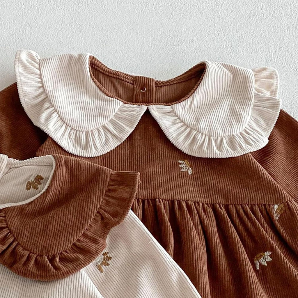 Toddler Baby Girl Corduroy Dress Ruffle Peter Pan Collar Floral Embroidery Long Sleeve Dress Spring Fall Outfits