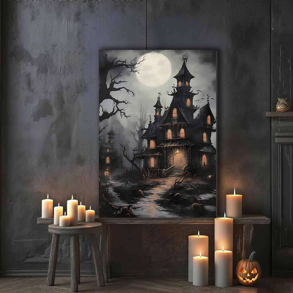 Vintage Dracula's Castle on Moonlit Night Canvas Art, Halloween Print, Horror Dark Academia Decor Pictures, Framed
