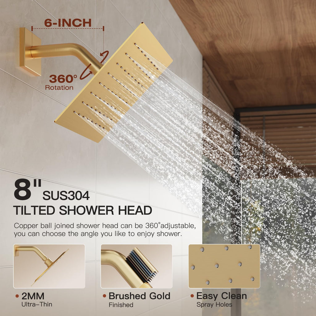 Gold Shower System, All Metal Dual Rain Shower Head with Handheld