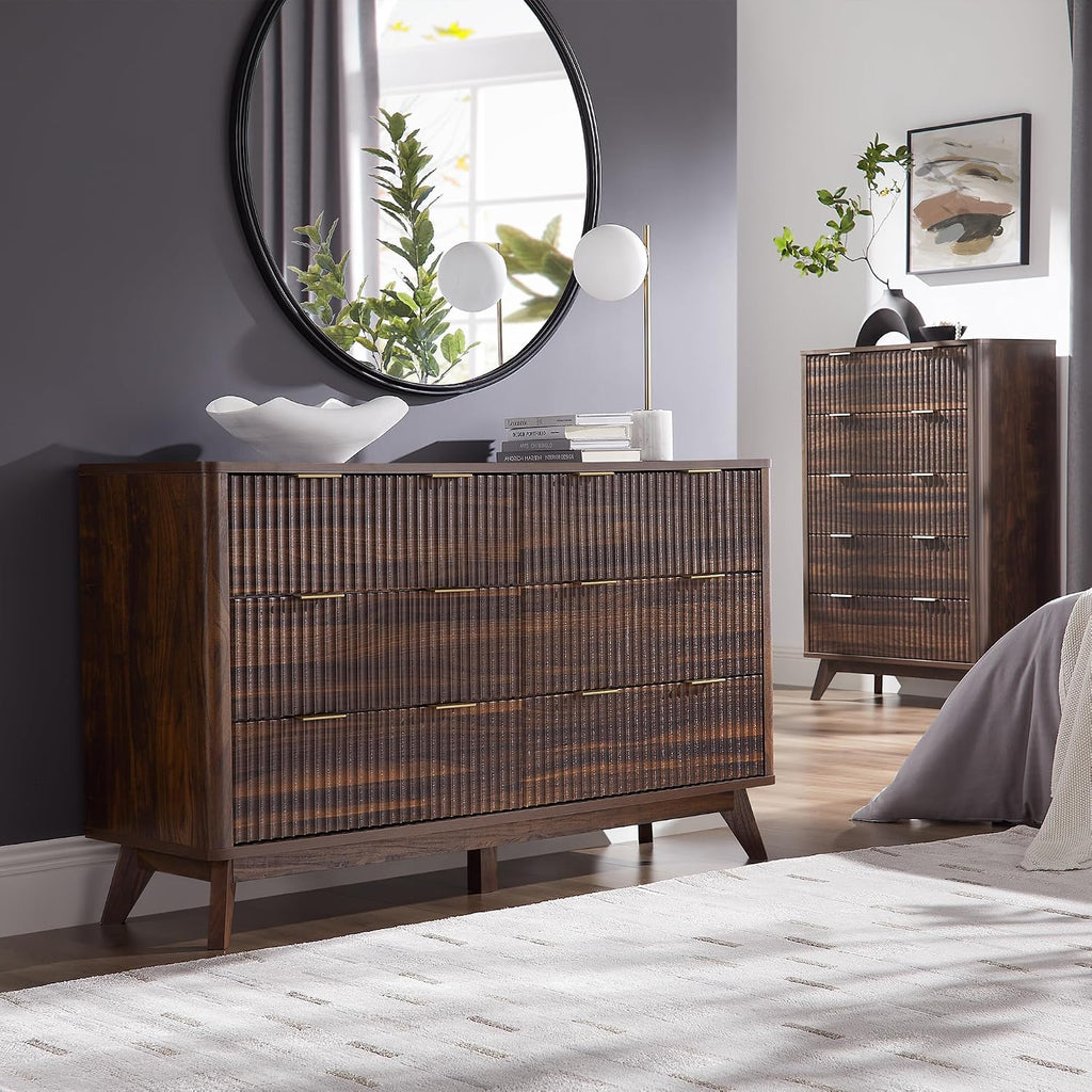 54" Wide Fluted 6 Drawer Dresser , Dark Walnut | Mid Century Modern, Curved Profile, Metal Handles, Anti-tip Kit