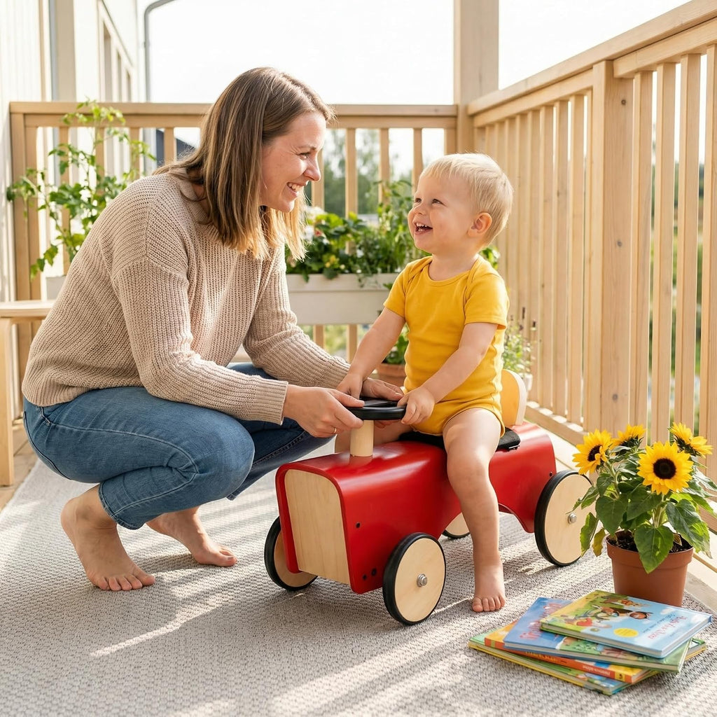 Retro Wooden Ride-On Tractor - 95% Pre-Assembled Toddler Balance Bike with Quiet Rubber Wheels & Limited Steering