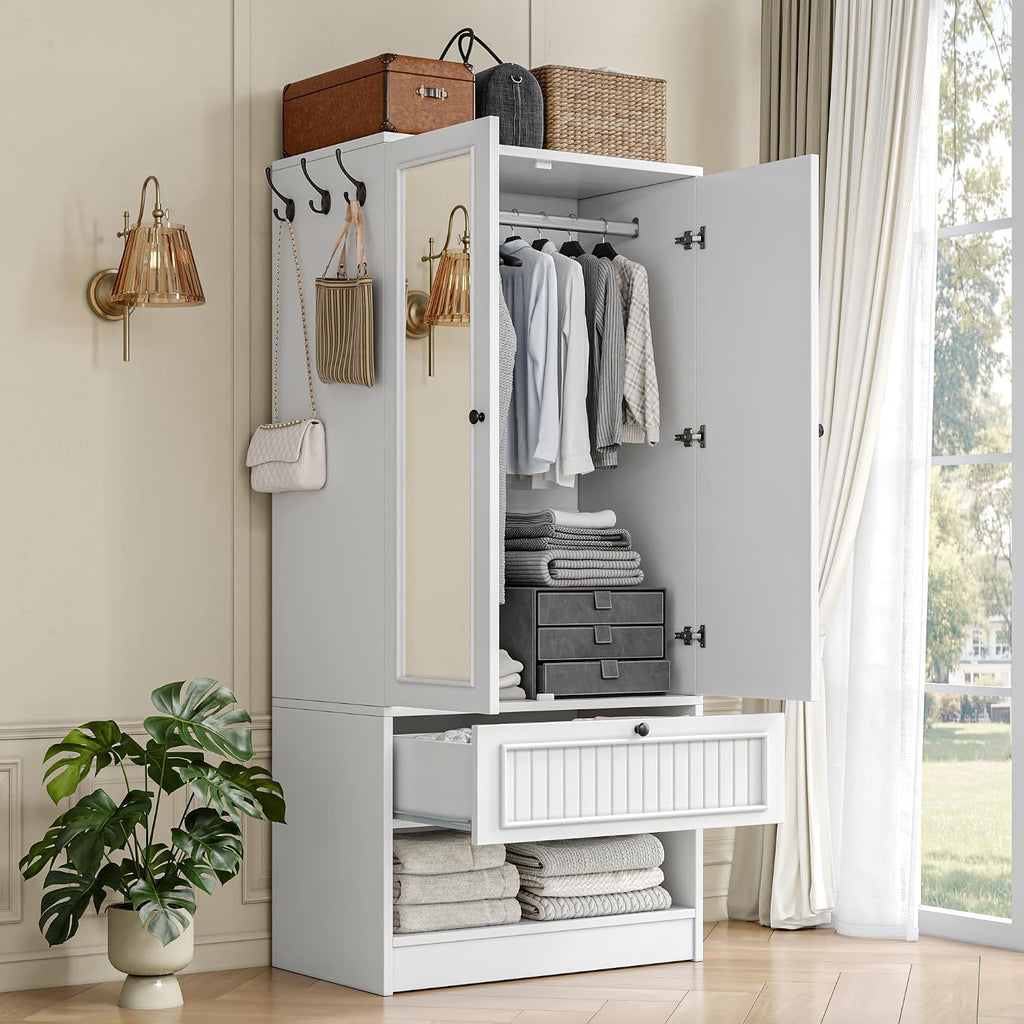 Armoire Wardrobe Cabinet with Mirror and Drawer, 70" 2-Door Wooden Closet Organizer Storage, White