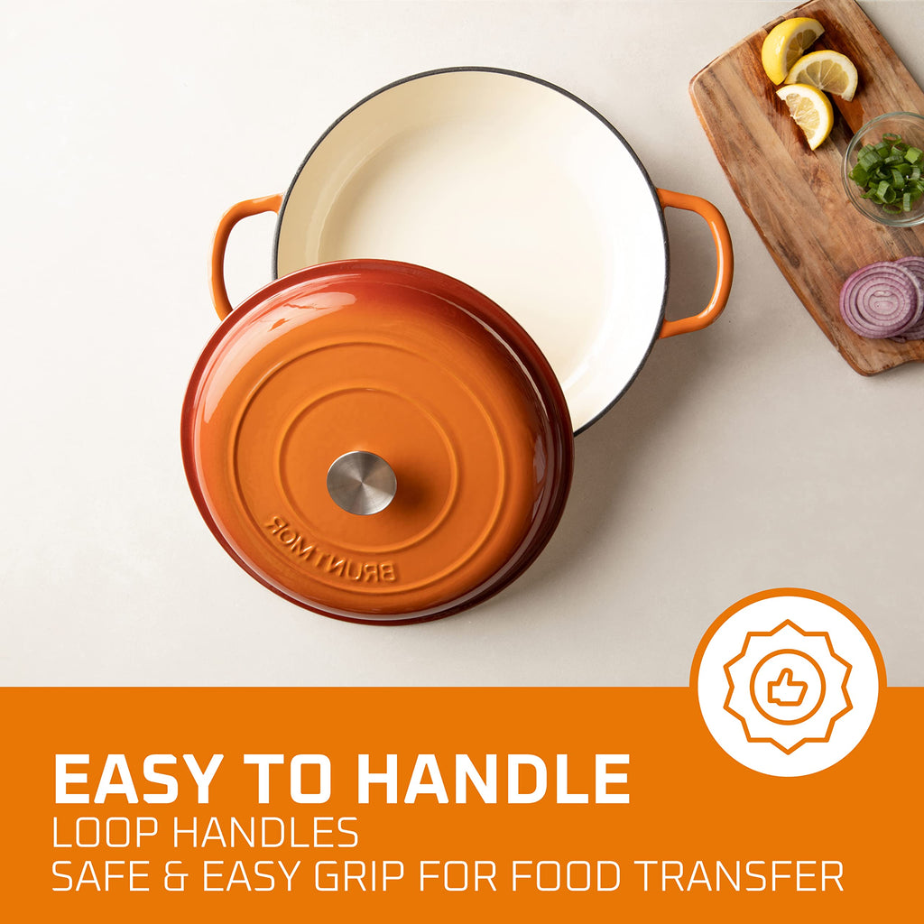 Cast Iron Dutch Oven Pot with Lid - 3.8 Qt Shallow Braising Pan with Handles for Stews - Enameled Casserole Dish