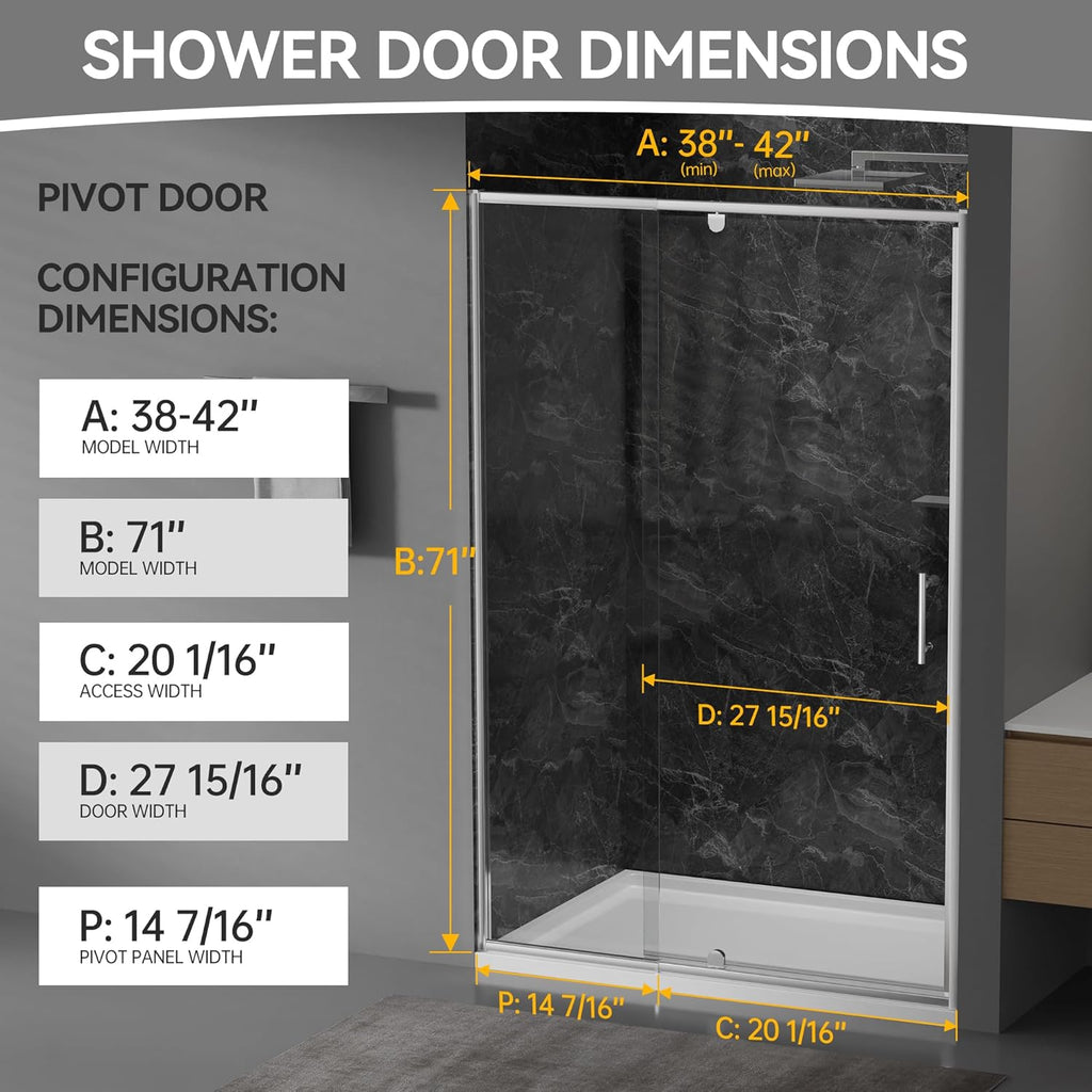 38-42" W x 71" H Pivot Glass Shower Door, Pivot Shower Door with 1/4"(6mm) Clear Glass, Brushed Nickel