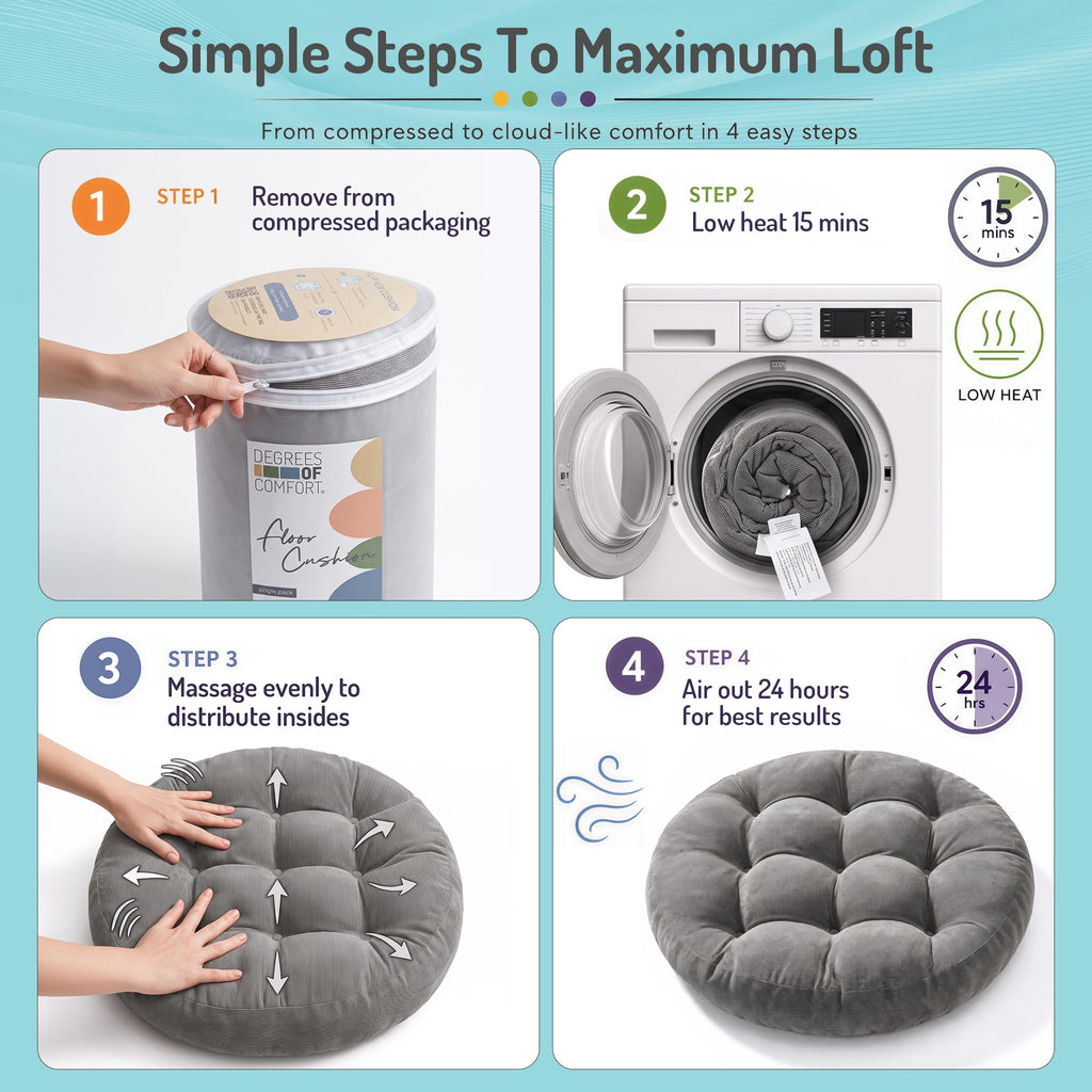 Round Meditation Cushion, Large Floor Pillow for Adults, 22 Inch Grey