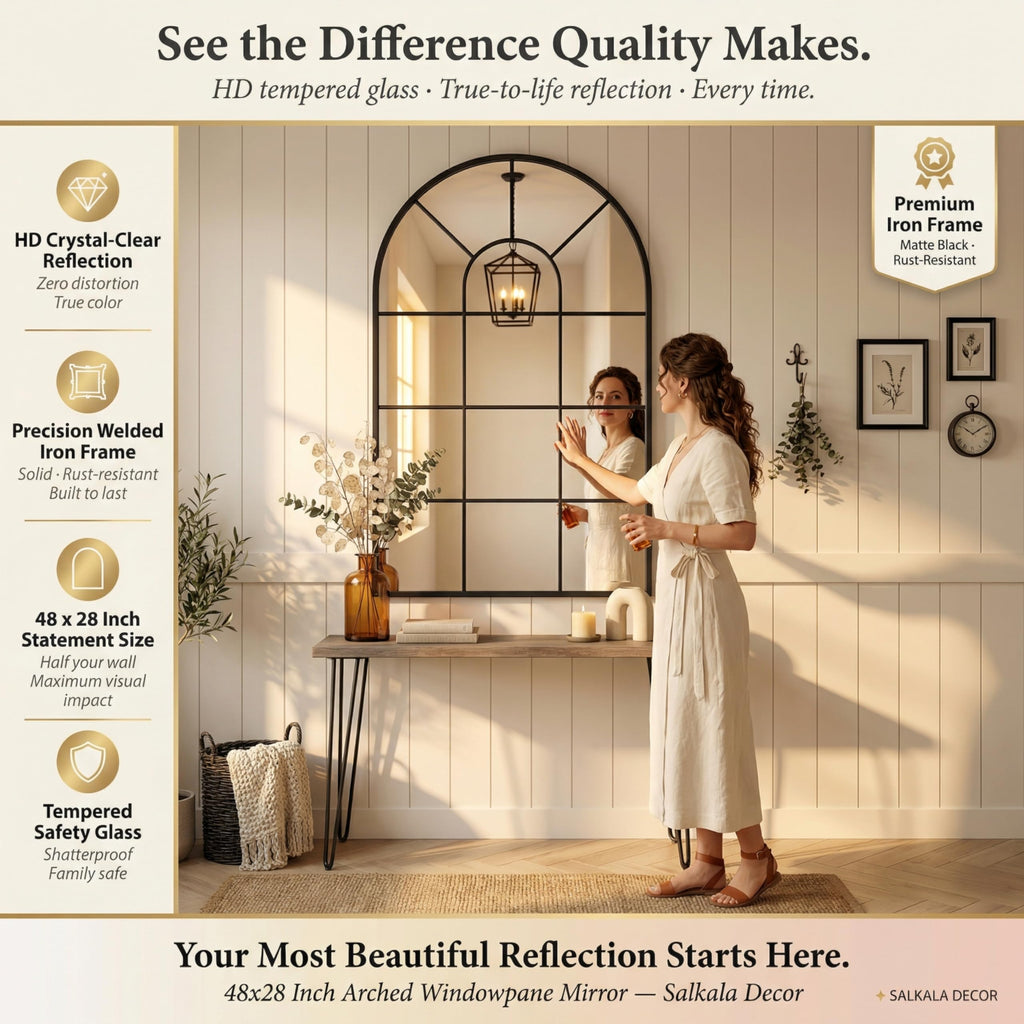 48x28Inch Arched Window Pane Mirror| Black Arched Mirrors for Wall & Floor | Arch Mirror Full Length Living Room &