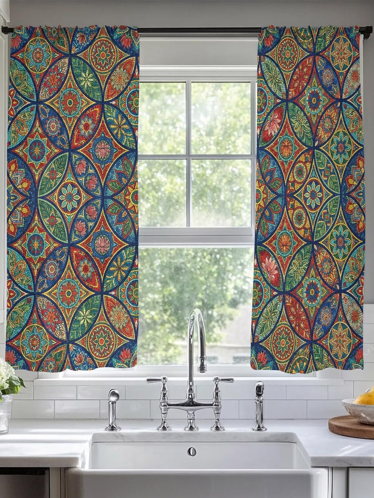 Vintage Boho Sheer Curtains 72 Inch Length 2 Panels, Ethnic Floral Geometric Green Blue Red Voile Kitchen Curtain