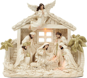 12.4" Christmas Nativity Set with LED Light, White Gold
