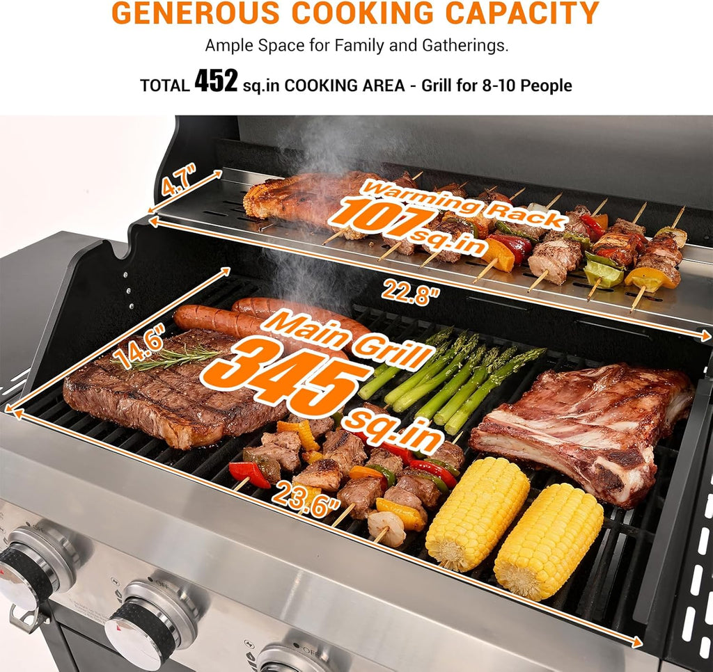4-Burner Propane Gas Grill, 51,000 BTU Stainless Steel BBQ Grill with Side Burner, 452 Sq. In. Cooking Area and Porcelain Grates for Outdoor Cooking