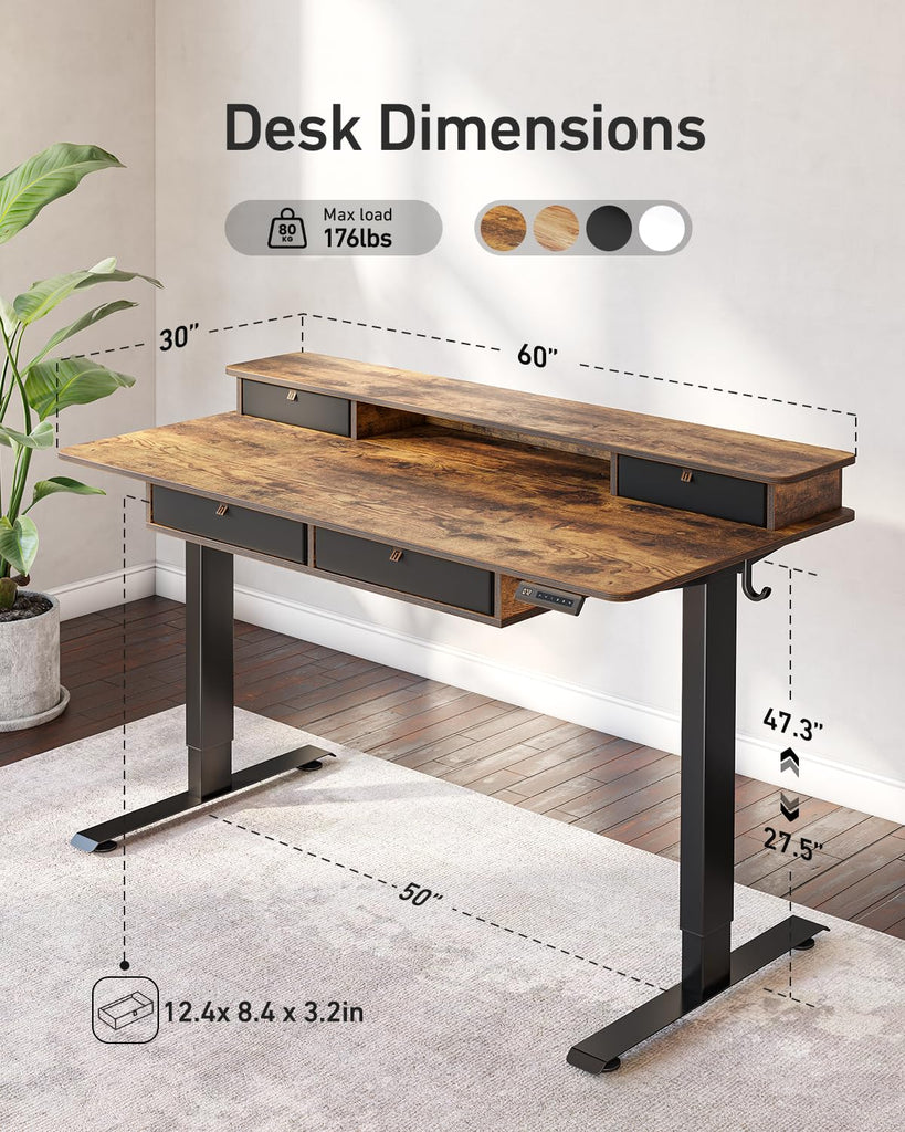 60" x 30" Standing Electric Desk with Drawers, Rustic Brown