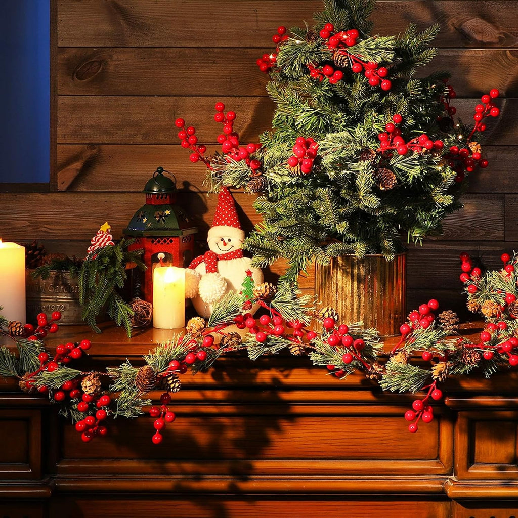 2 Pcs 19.68 ft Christmas Garlands Total Smokey Pine Garland with Red Berry Pine Cone Christmas Greenery Garland