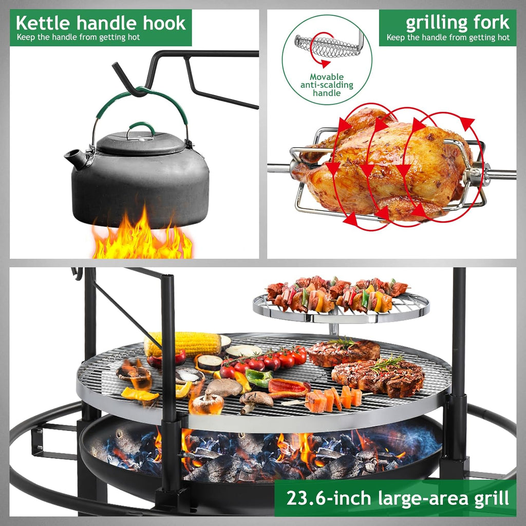 33 Inch Outdoor Fire Pit with 2 Grills, Wood Burning Firepit with Swivel Cooking Grate, Removable Swivel Grill