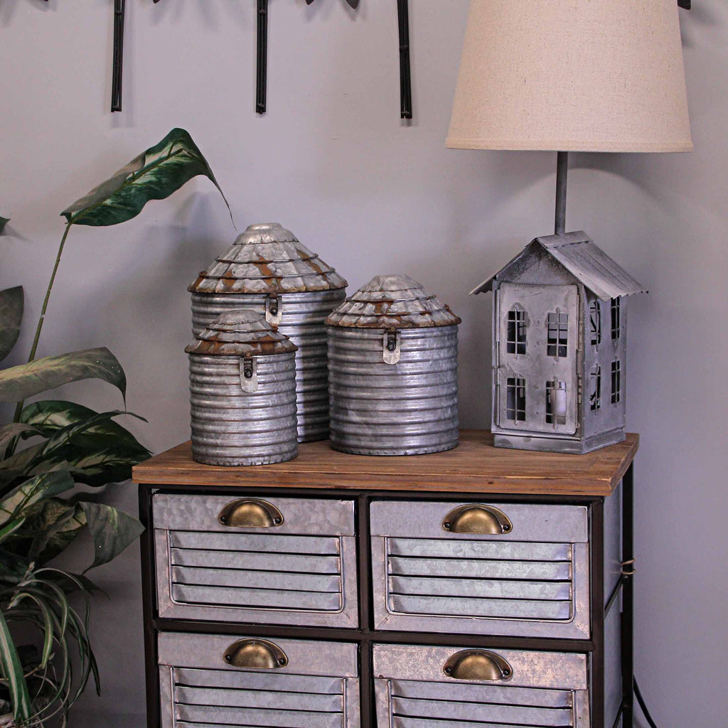 Set of 3 Farm Silo Canisters, 10.75 Inch Tall, Grey Galvanized Zinc Finish