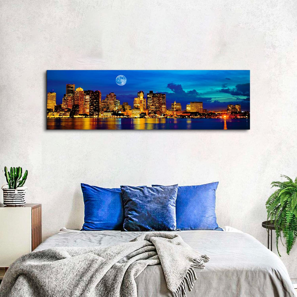 Boston Skyline Wall Blue Night Moon Massachusetts Cityscape Painting Canvas Prints USA Boston Downtown Skyscraper