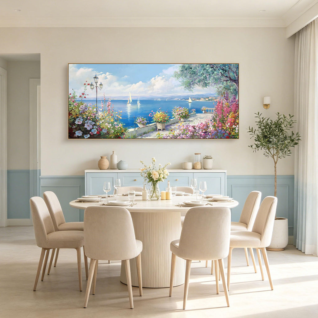 Oversized French Coastal Flower Sailboat Canvas Wall Art Framed Pastel