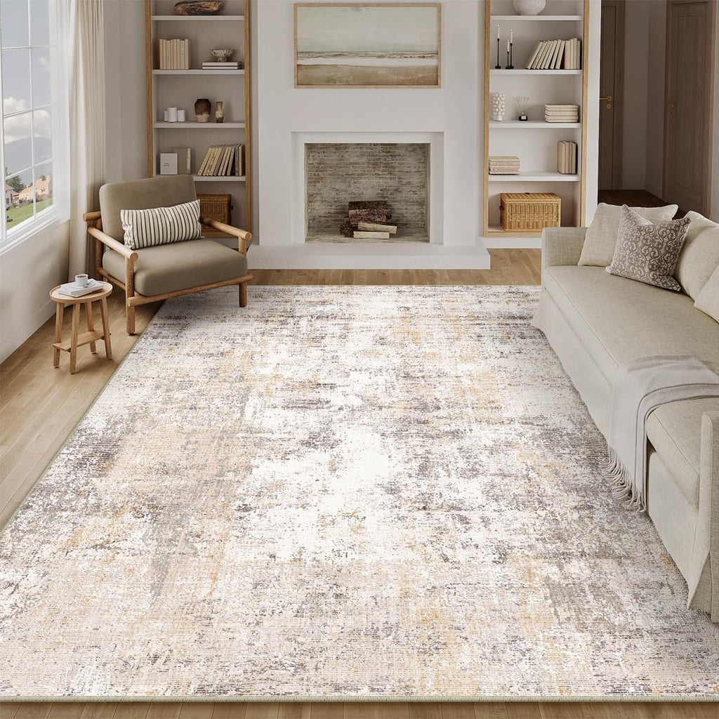 8x10 Washable Area Rug Beige Grey Abstract Non Slip Soft Low Pile Rug for Living Room Bedroom Dining Room Office