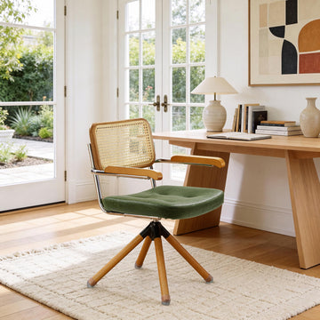 Mid Century Swivel Rattan Desk Chair, Faux Leather, Olive Green